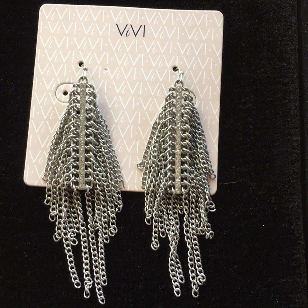Silver Tone Chain And Genuine Crystal Earrings By Vivi #12722
